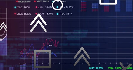 Image of up arrows, geometric shapes, trading board and multiple graphs on blue background