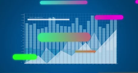  Image of multicolored abstract pattern over graphs and loading bar against blue background © vectorfusionart