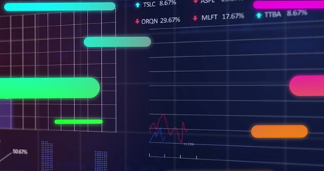 Image of abstract patterns over graphs, trading board and computer language on blue background