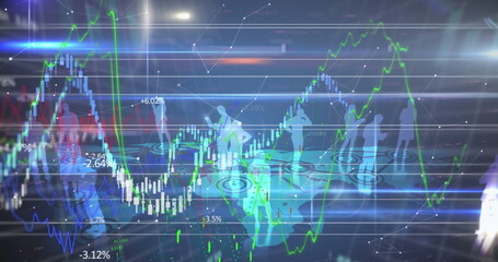 Image of graphs, trading board, numbers and lens flare over human representations on map