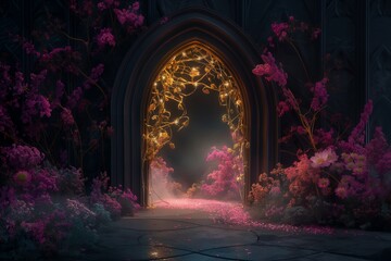 Enchanted gothic arch with mystical lighting and flowers