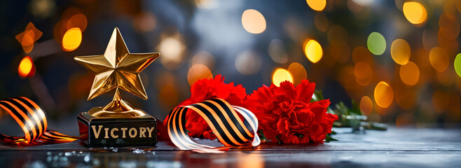 Gold star, word victory written, red carnation and George ribbon. Symbols Victory day 9 May. Veterans day.1941-1945