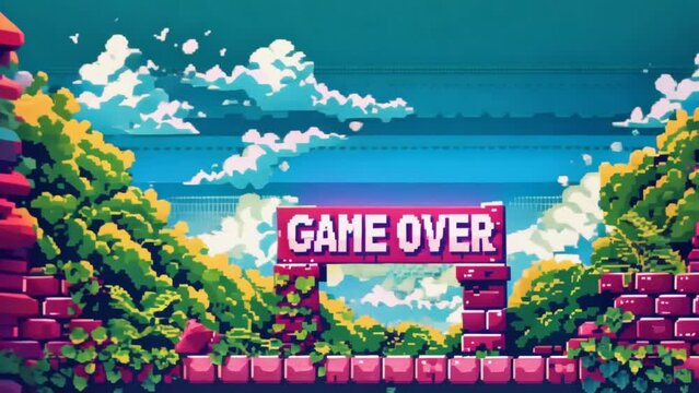 Game over Pixel art design. Arcade retro banner, digital pixel 8-bit. End level final poster. Vintage style. Pixelated text illustration. Gaming finish sign. Old fashion effect. Red background.