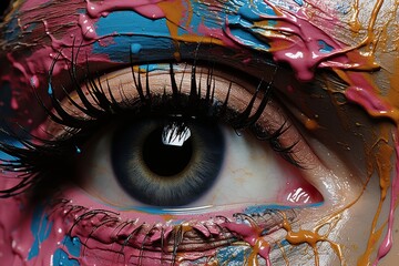 An extreme close up of a human eye surrounded by vibrant splashes and drips of colorful paint and ink.