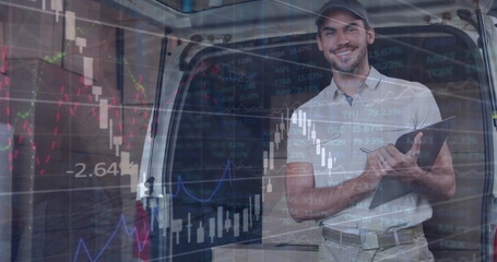 Image of data processing over caucasian male deliverer in warehouse