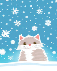 Vertical vector of a funny cute cat on a snowy background