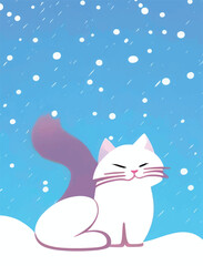 Vertical vector of a funny cute cat on a snowy background