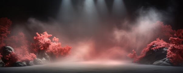 Coral stage background, coral spotlight light effects, dark atmosphere, smoke and mist, simple stage background, stage lighting, spotlights