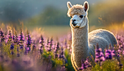 Portrait of cute alpaca in field with purple flowers. Farm animal. Blurred backdrop.