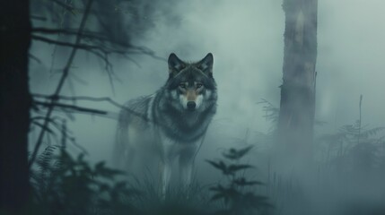 AI generated illustration of a wolf standing in a misty forest