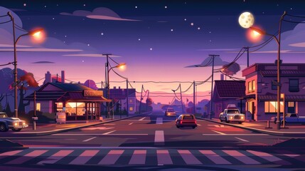 The city street crossroads are lit by lamp lights at night. Lights on the road in a cartoon modern background. Dark house with apartments and coffee shops. Urban panorama. - obrazy, fototapety, plakaty
