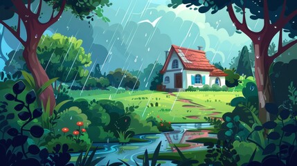 Animated modern cartoon illustration of a summer landscape with a forest and village house, and a puddle in the garden, and trees and bushes with green foliage under raindrops.