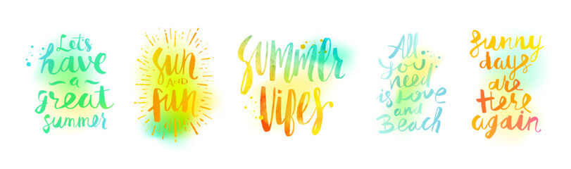 Set of summer holiday and vacation brush calligraphy lettering. Vector illustration.
