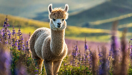 Obraz premium Portrait of cute alpaca in field with purple flowers. Farm animal. Blurred backdrop.