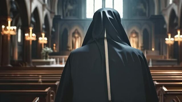 Back view of nun in church created.
