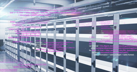 Image of data processing against light trails over computer server room