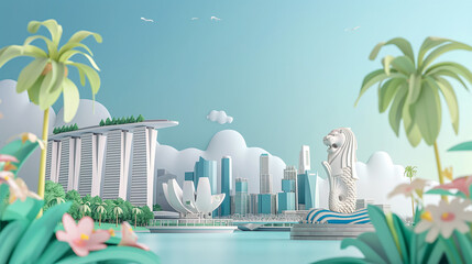 vector of Merlion marina bay sand and modern building at center downtown business zone and travel destination landmark of Singapore city in Singapore, Asia