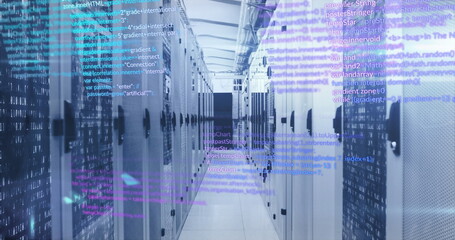 A computer server room with data processing and digital information flowing through the network of s