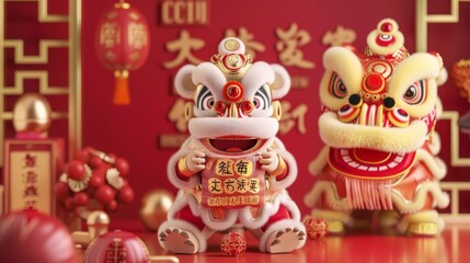 Fototapeta premium In this CNY Caishen greeting card, the God of Wealth draws over a lucky bag written blessing with the lion dance puppet coming up from behind. The text of welcoming the New Year is written in Chinese