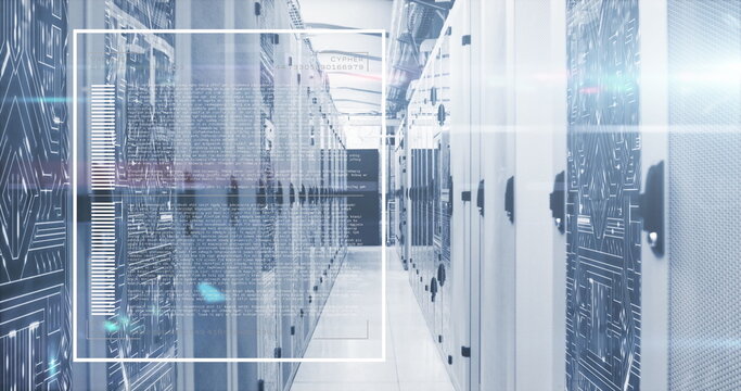 Image of data processing and light spot against microprocessor connections over server room - Powered by Adobe
