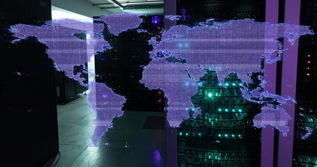 Image of glitch effect over world map against computer server room