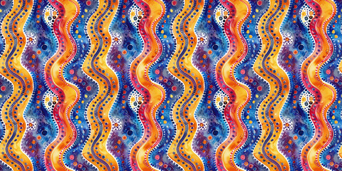 Aboriginal colorful Waves pattern, seamless watercolor pattern that captures aspects of Aboriginal art. wavy lines, intricate design with dots, circles, and geometric shapes. 