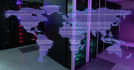 Image of glitch technique in map over illuminated server rack in server room