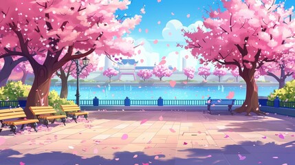 An illustration of a riverside park with cherry blossoms blooming along a promenade. Illustration of a sunny day in a public garden in spring. - obrazy, fototapety, plakaty