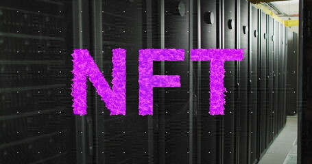 Image of purple nft text banner against computer server room