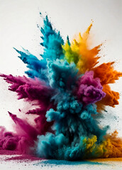 Illustration of multi color powder explosion isolated on white background, rainbow color dust splash cloud. Launched colorful particles. Create backdrop concept. Gen ai illustrate. Copy ad text space