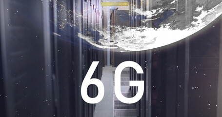 Image of globe and 6g text and dots over server room in background