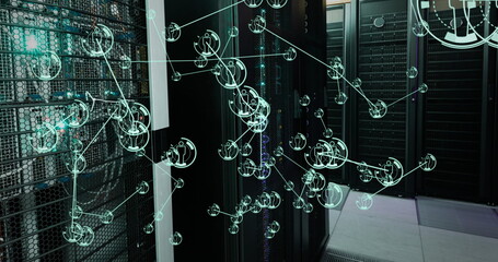 Image of icons connected with lines over server room in background