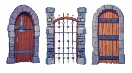 An ancient wood gate with metal lattice on a white background. Ancient wooden gates with stone brick arch and iron portcullis, modern cartoon illustration. - obrazy, fototapety, plakaty