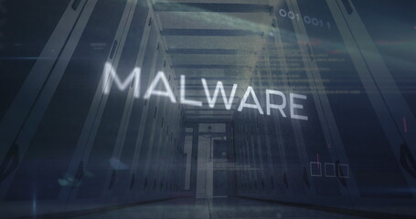Image of malware text and computer language over low angle view of server room