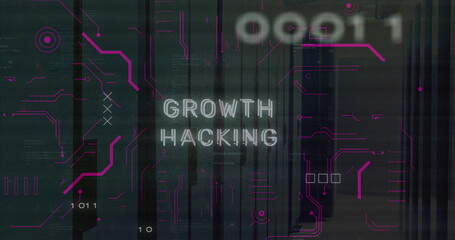 Image of growth hacking text and binary codes over computer language on server room