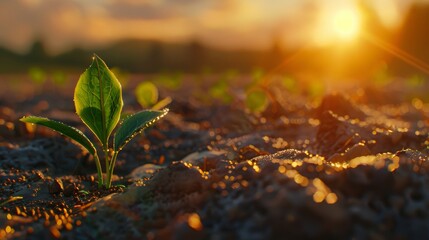 A single young plant sprouting on fertile farmland with the inspiring warmth of the sunrise in the background.