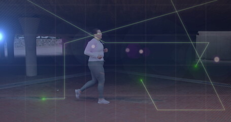 Image of data processing over plus size caucasian woman running in city street
