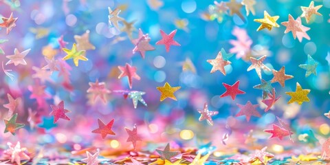Vibrant, glittering star-shaped confetti scattered across a sparkling blue bokeh background.