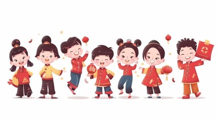 An illustration of Asian children celebrating Chinese New Year, each holding a different festive object, holds a big red envelope.