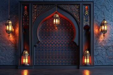A decorative arch adorned with a lantern in Islamic style.
