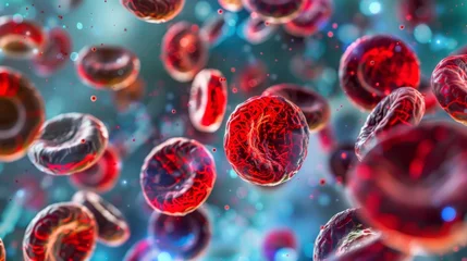 Fotobehang Close-up of red blood cells with a detailed structure, symbolizing medical research and health. © tashechka