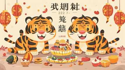 Naklejka premium This banner depicts two tigers greeting people with a row of Chinese New Year objects in front of them. Wishing you a prosperous New Year is written on the top.