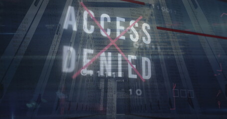 Image of access denied texts, binary codes and computer language, low angle view of server room