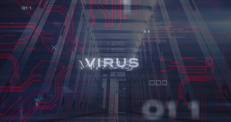 Image of virus text, binary codes and computer language, low angle view of server room