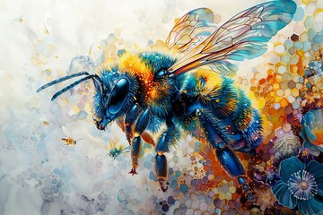 Capture a ferocious, detailed bee at a tilted angle, guarding a vibrant, intricate hive in stunning watercolor - obrazy, fototapety, plakaty