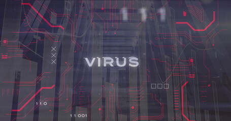Image of virus text and binary codes over graphs against low angle view of server room