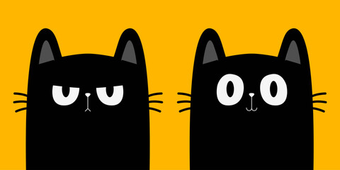 Funny cat set. Surprised, sad angry face head. Black kitten with big eyes. Cute kawaii pet animal icon. Cartoon funny baby character. Pink ears, nose, cheek. Flat design. Yellow background. Vector