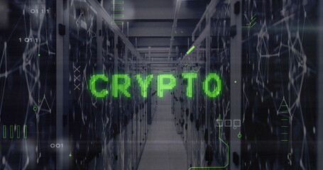 Image of crypto text, x sign, binary codes and circuit board patterns over server room