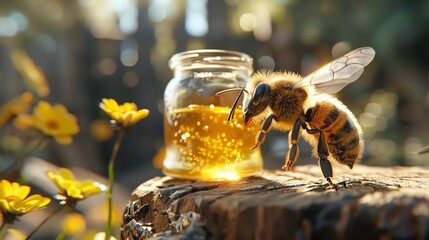 Using CG 3D rendering, craft a photorealistic scene where a fuzzy bee with delicate wings hovers above a ceramic honey jar perched at a tilted angle, showcasing intricate details and textures