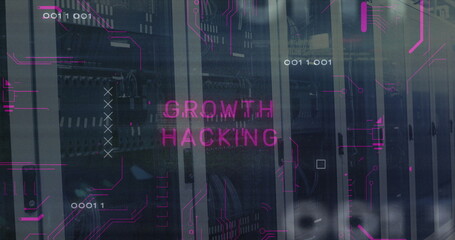 Image of circuit board pattern around growth hacking text and binary codes over server room